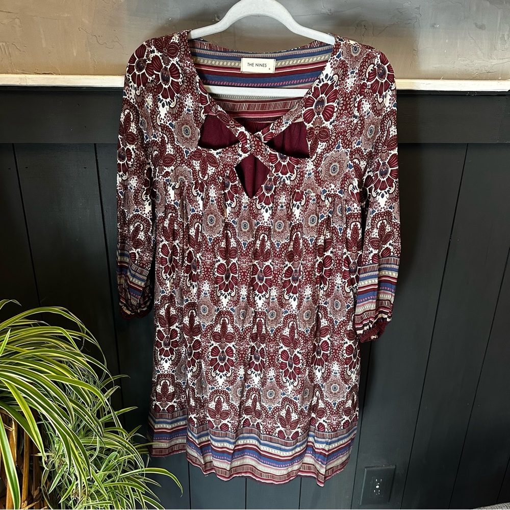 The NINES Border Mixed Print Cutout Neck Shift Fall Dress Size‎ S